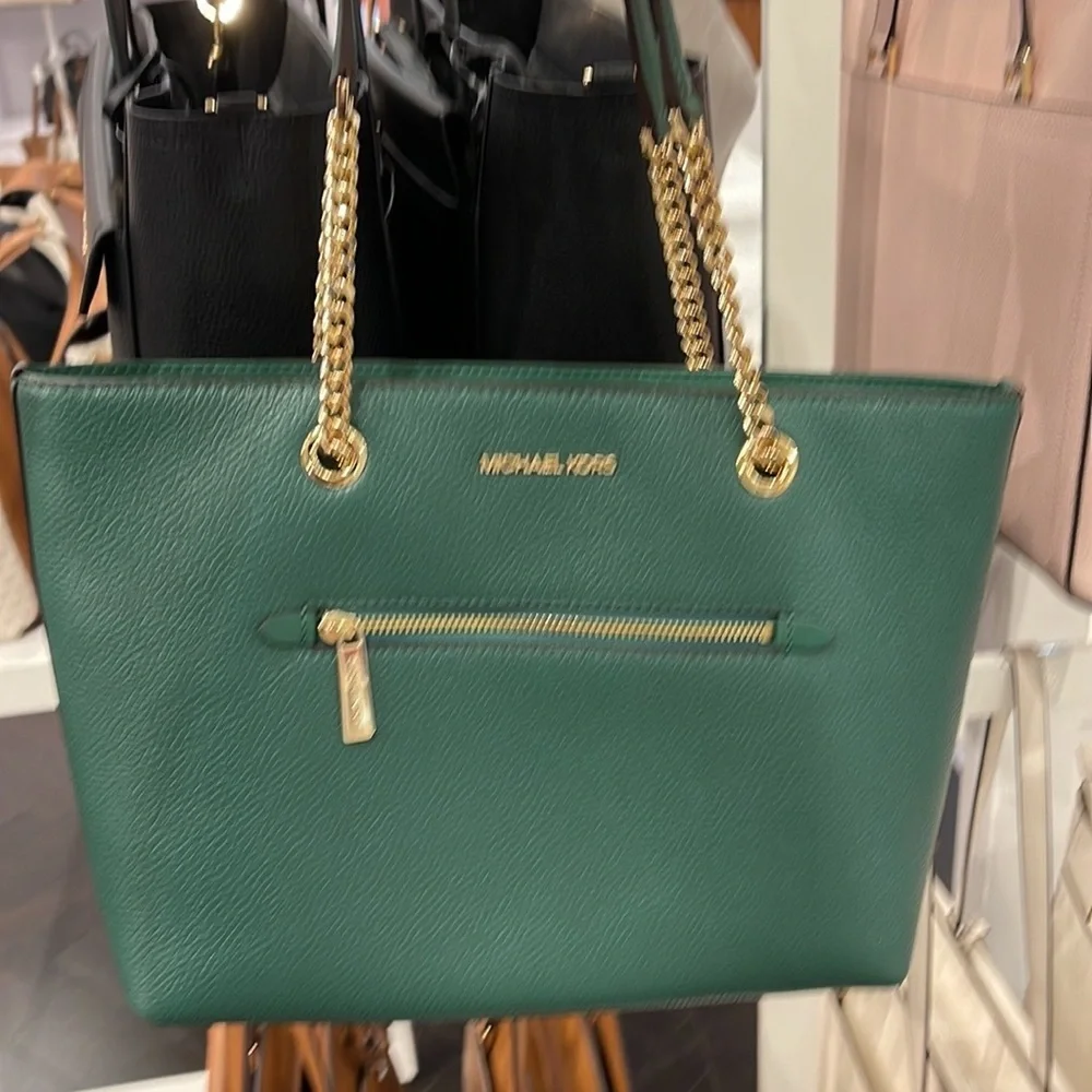 MICHAEL KORS Jet Set Medium Front Zip Pebbled Leather Chain Tote Bag Jewel Green